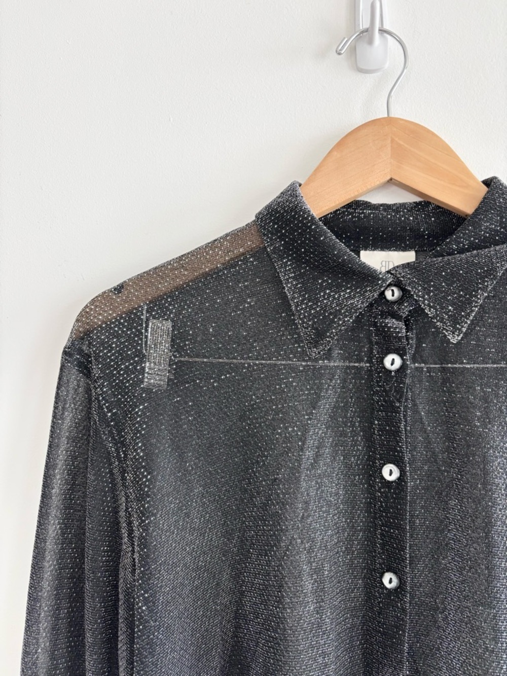 Vintage Y2K Sheer Mesh Metallic Glittered Button-Down Shirt - Picture 3 of 8